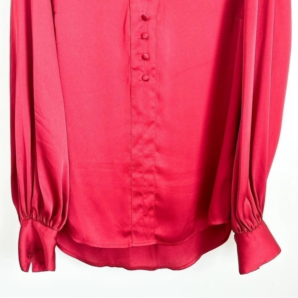 Express Satin Silky V neck Button Detail Balloon Sleeve Blouse Top Crimson Med